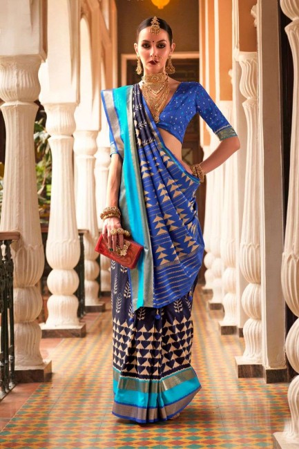 Patola Print Handwork Viscos Dola Silk In Teal Blue Saree – tapee.in