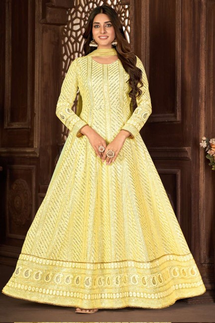 Buy Suits for Eid Silk Mustard Yellow Anarkali Suit LSTV115283