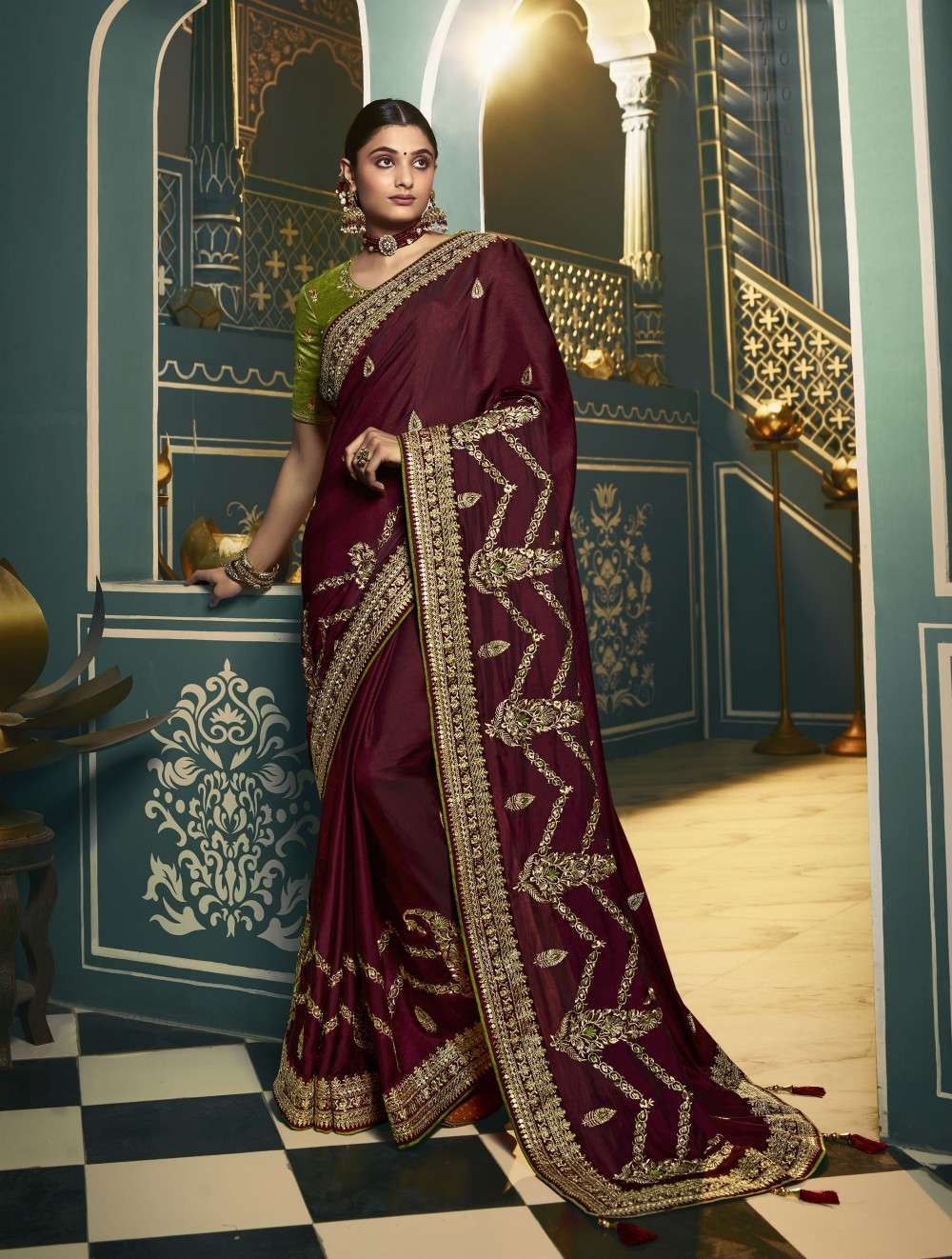Maroon two tone silk embroidered saree ( YMN-17A ) – Anju Modi