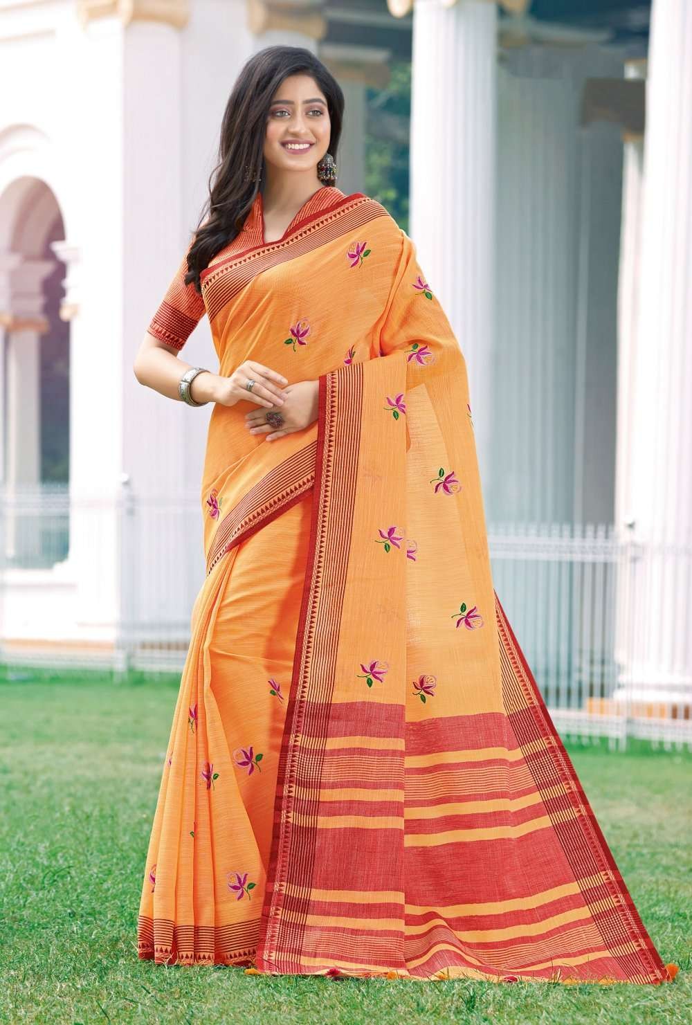 Orange Color Cotton Saree – RoopKotha – Best Saree in Bangladesh