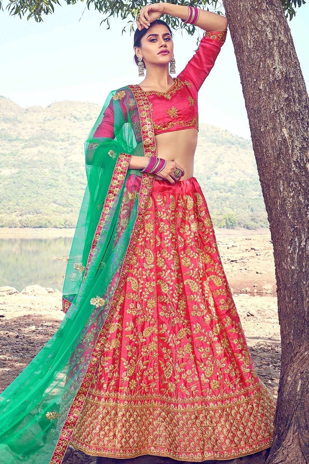 Yellow thread embroidered with mirror work art Silk party wear Lehenga  choli - MEGHALYA - 3796316