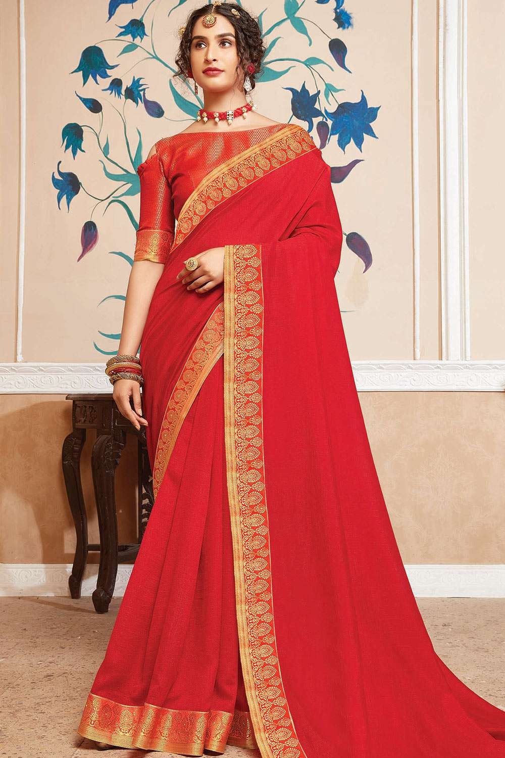 Plain Red Linen Saree With Golden Border-SRPRLS13 – Sayali Rajadhyaksha  Sarees