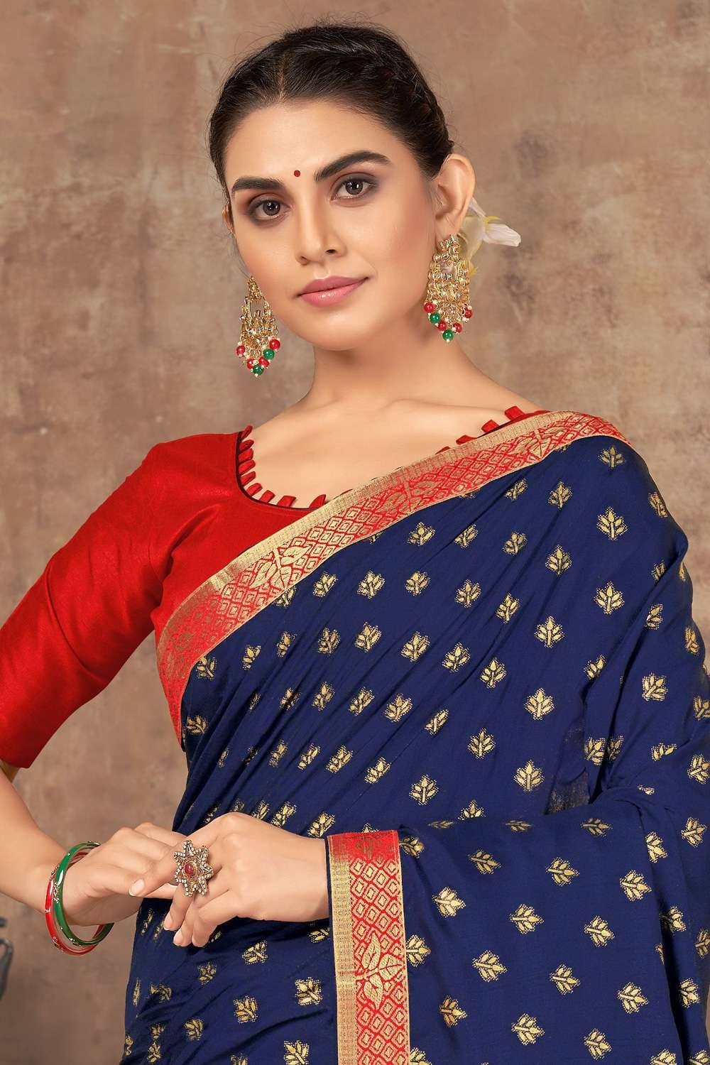 Navy Blue Printed Patola Silk Saree With Contrast Blouse | Kolour