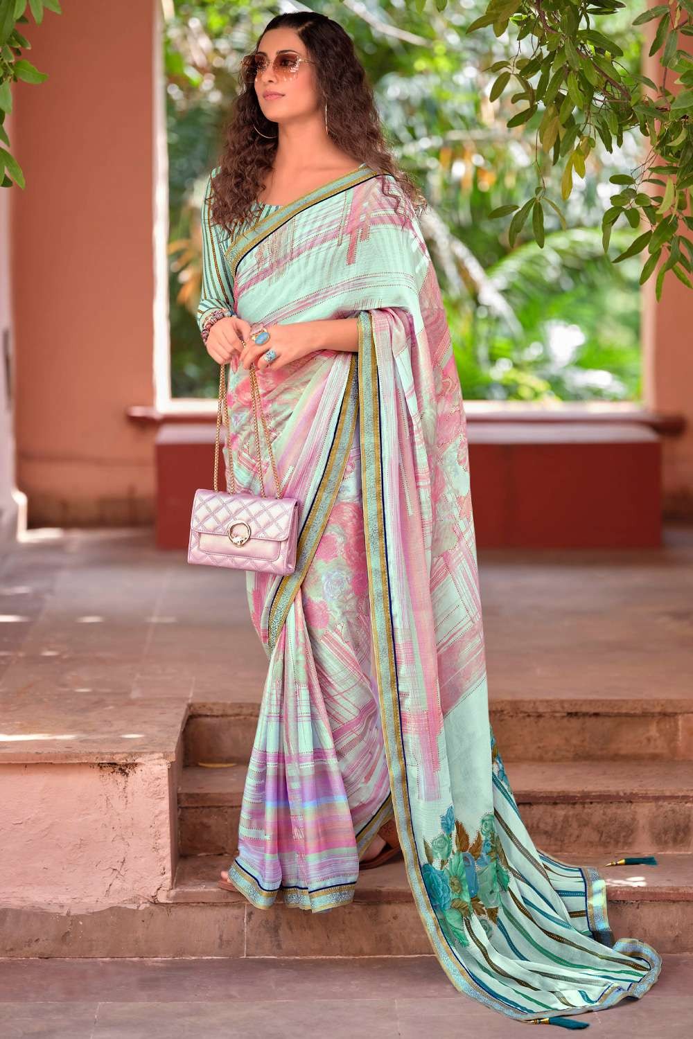 Blue and Green Chiffon Saree – Pratibha Sarees