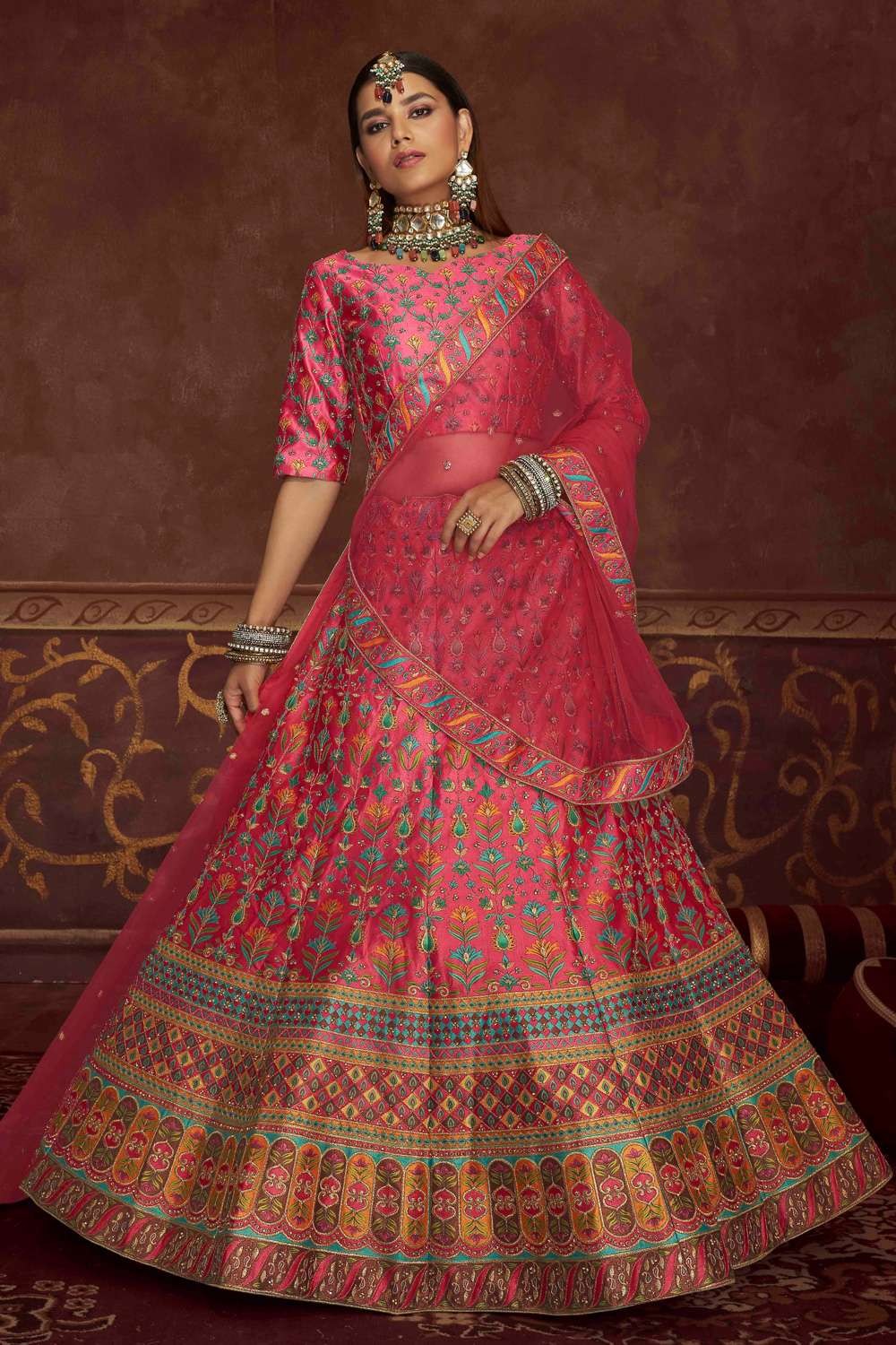 Buy Rangpur Pink Art Silk Lehenga Set With Banarasi Dupatta online
