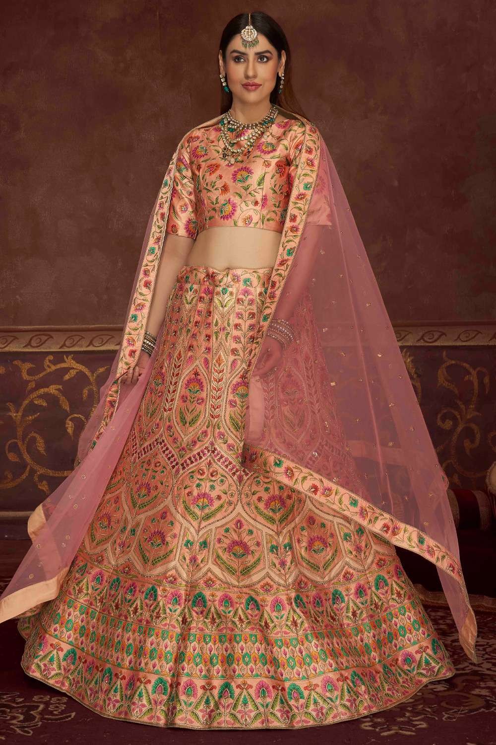 Peach color lehenga for reception/engagement: Silk Bridal Lengha – B Anu  Designs