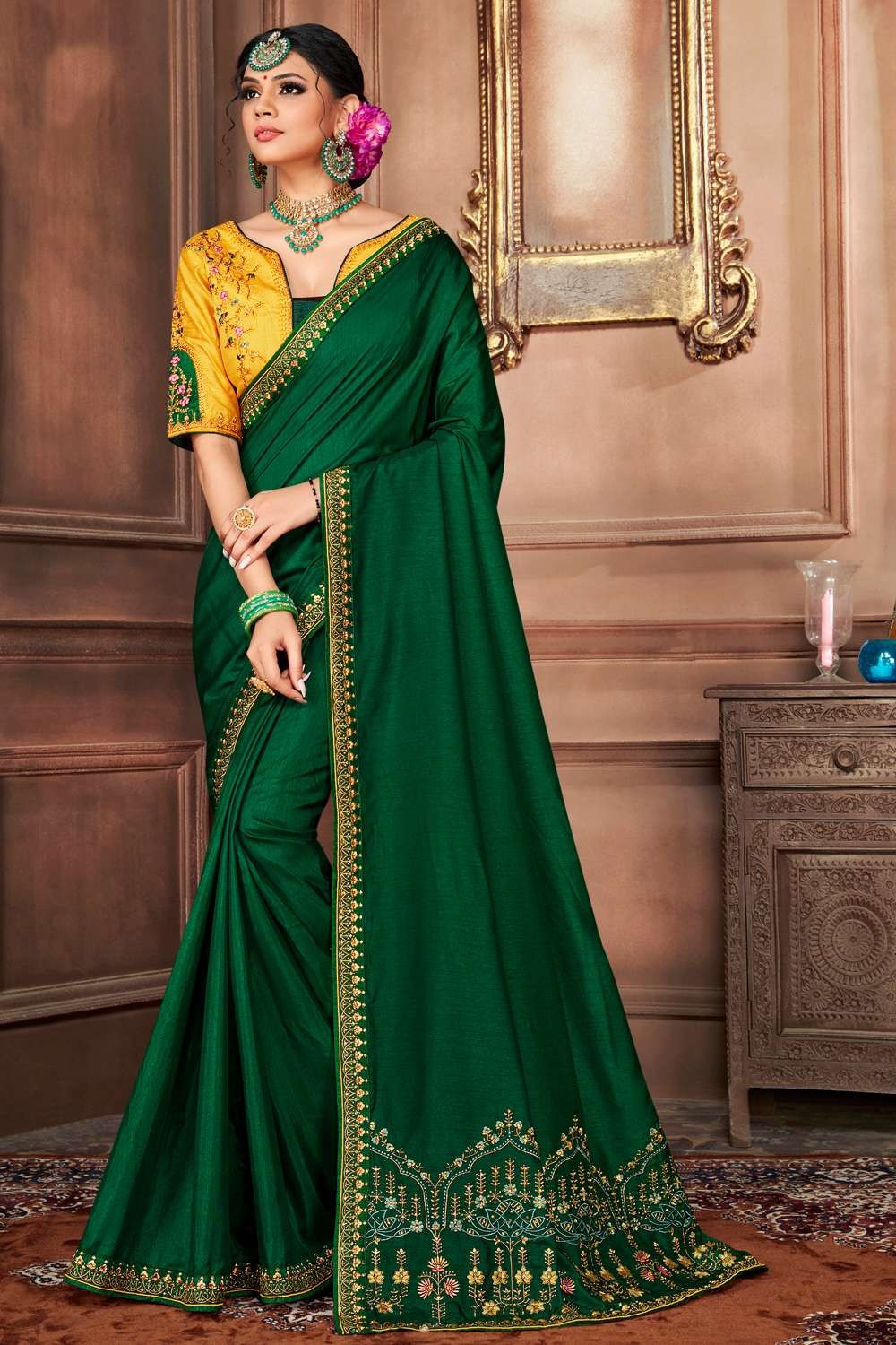 Dark green silk saree set with all over hand embroidered geometric dia –  Kora India