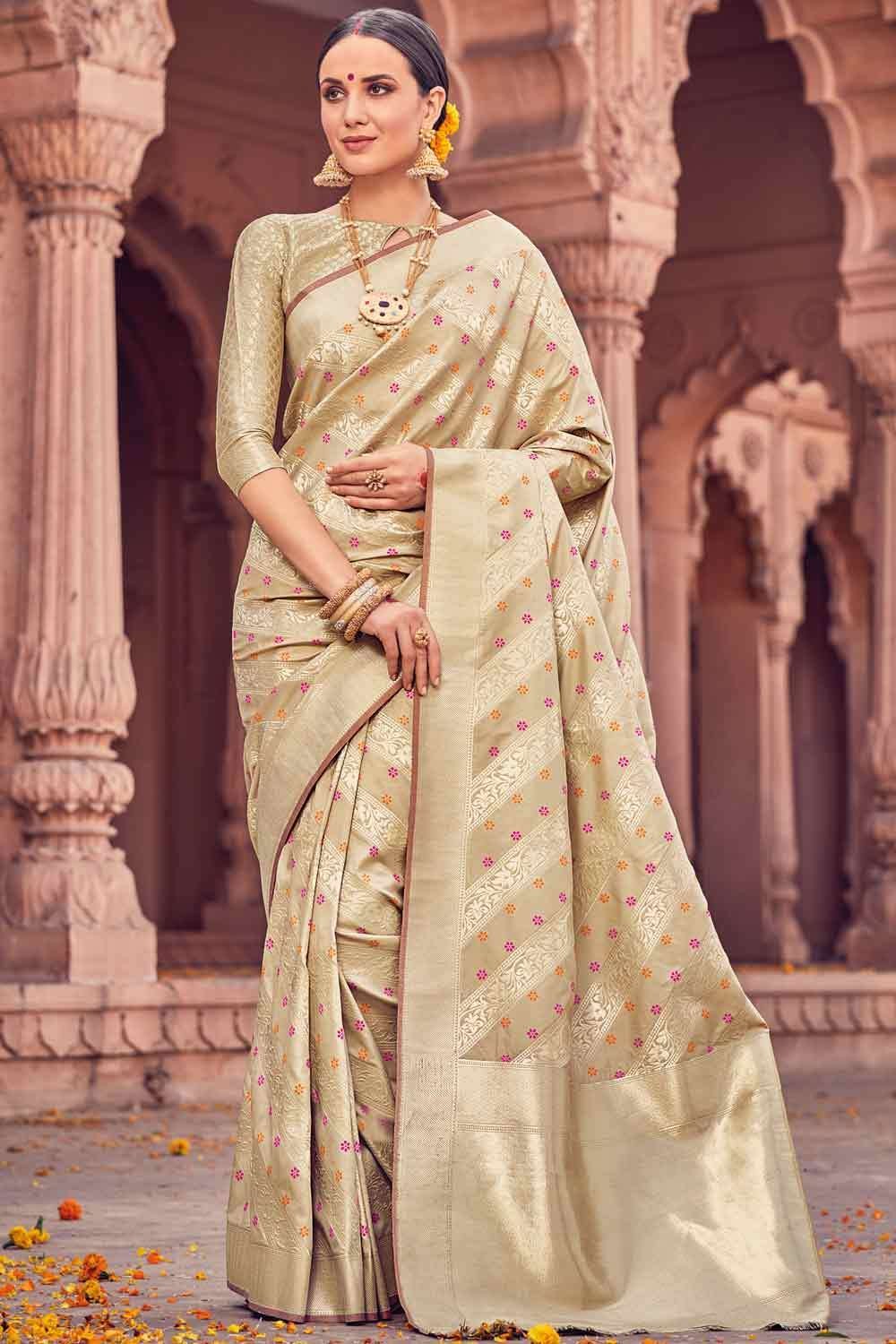 Cream And Beige Banarasi Saree -