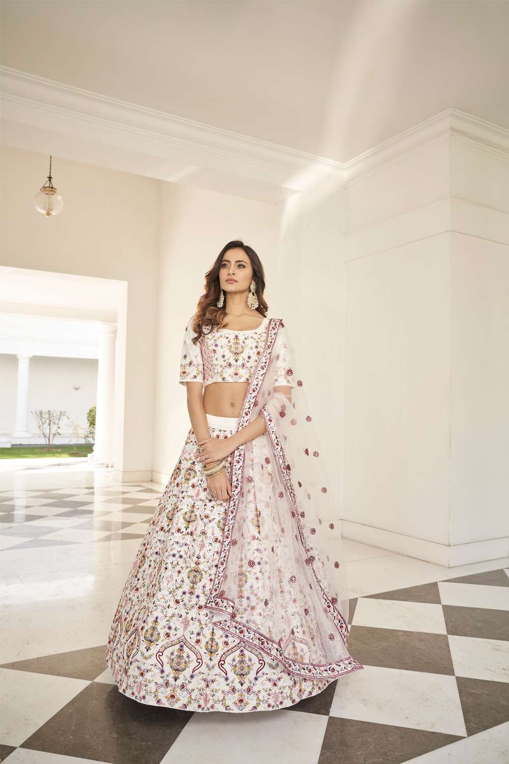 1993 1 silk lehenga choli in white with embroidered lc6768 3