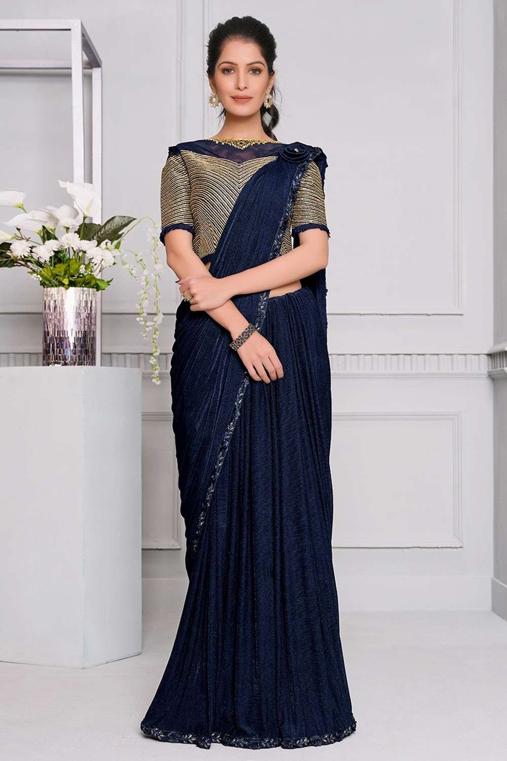 Beautiful Navy Blue And Silky Fancy Designer Party Wear Saree | Latest  Kurti Designs