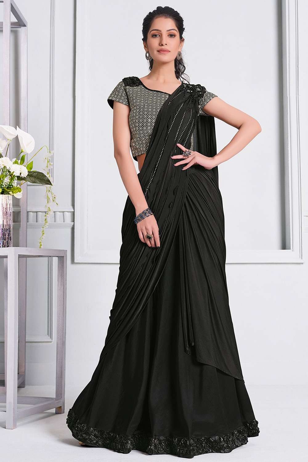 Lycra Party Wear Saree with Sequins,embroidered in Black - SR22621