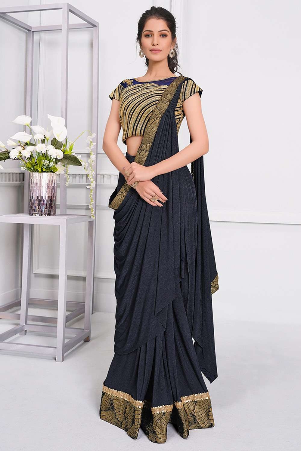 Navy Blue Silk Party Wear Saree – TDO Australia