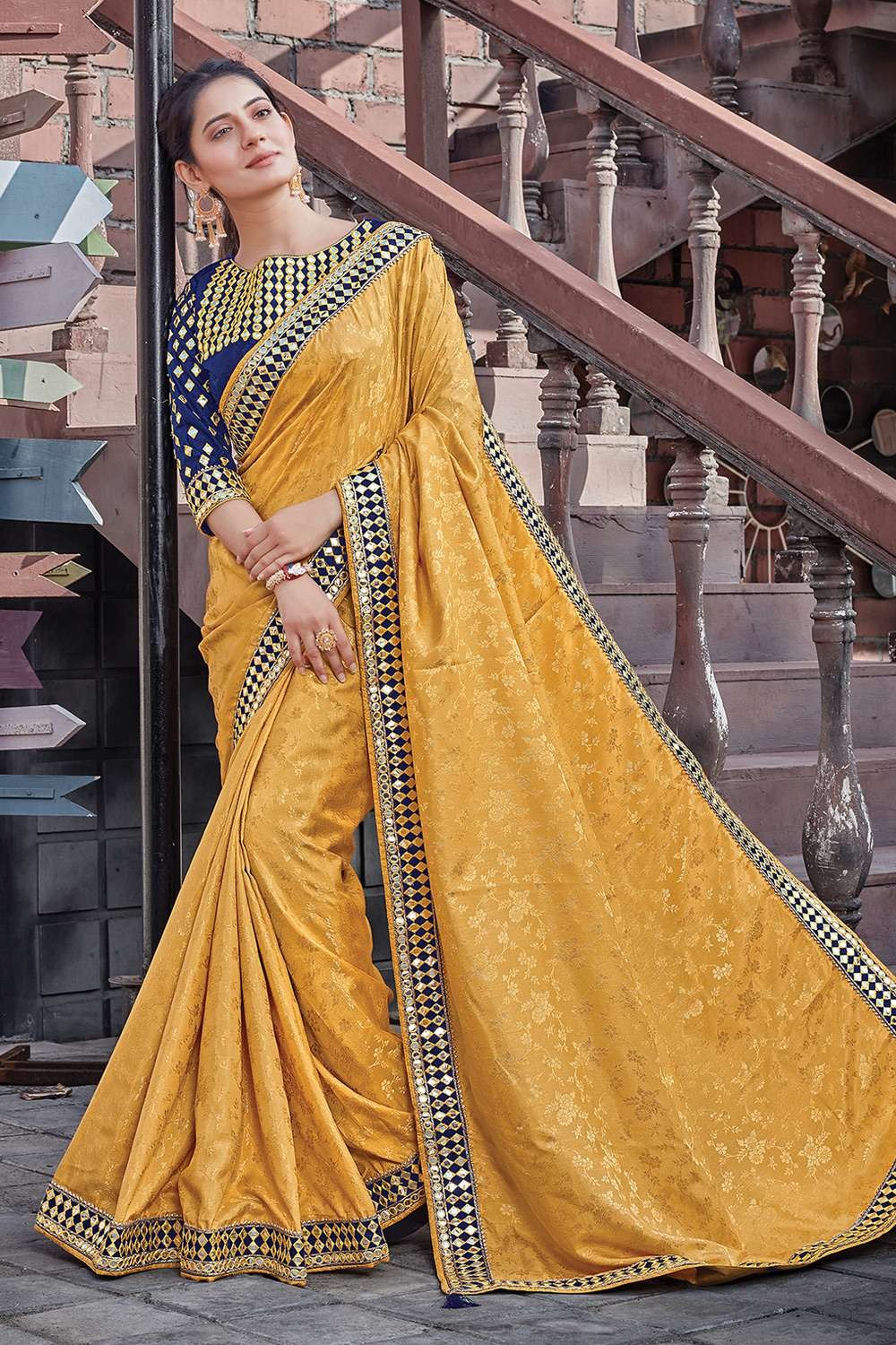 Buy Yellow Georgette Saree Set with a Red Raw Silk Blouse by NIDHI THOLIA  at Ogaan Online Shopping Site