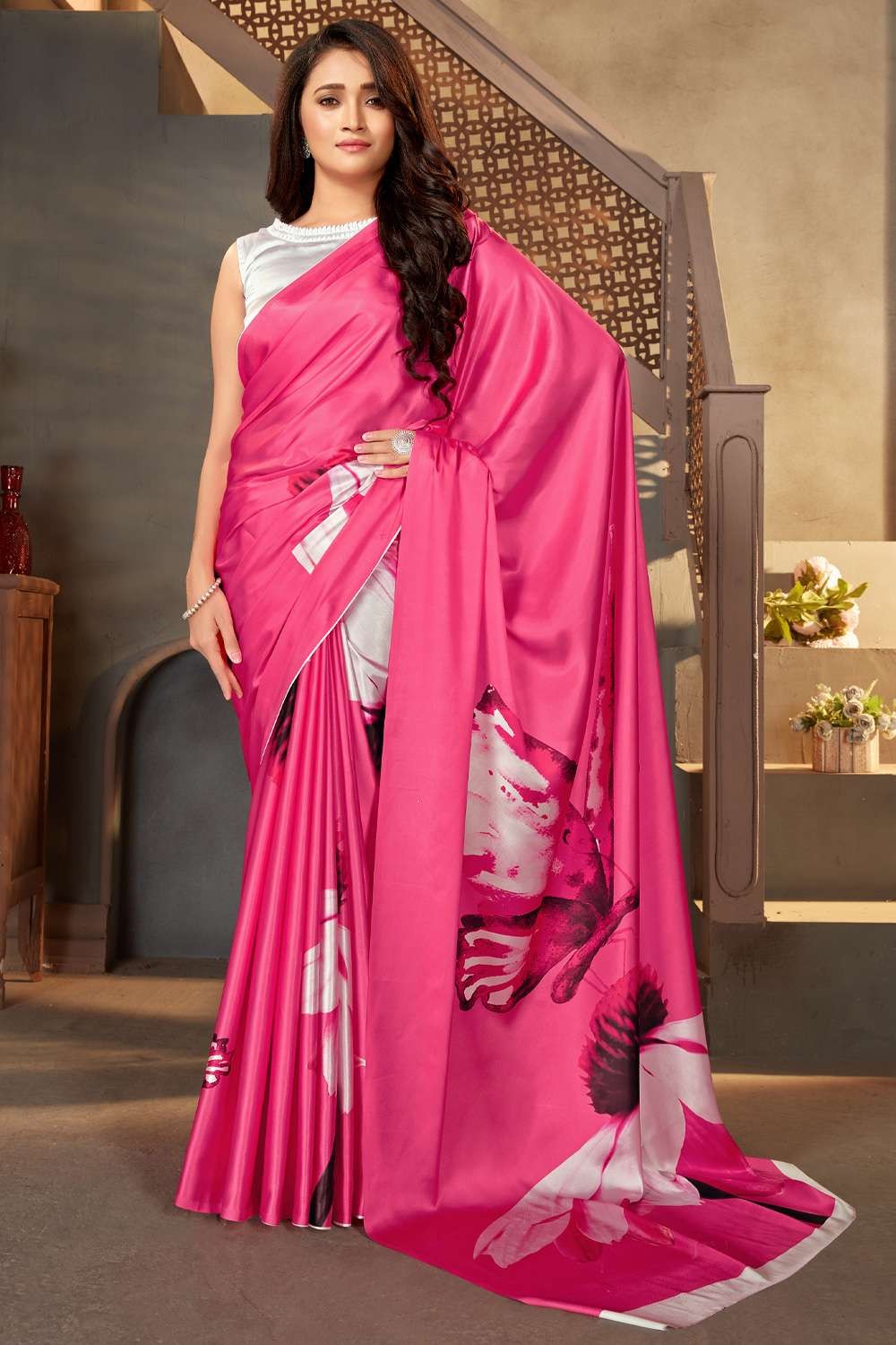 Satin Digital print Pink Saree with Blouse - SR21385
