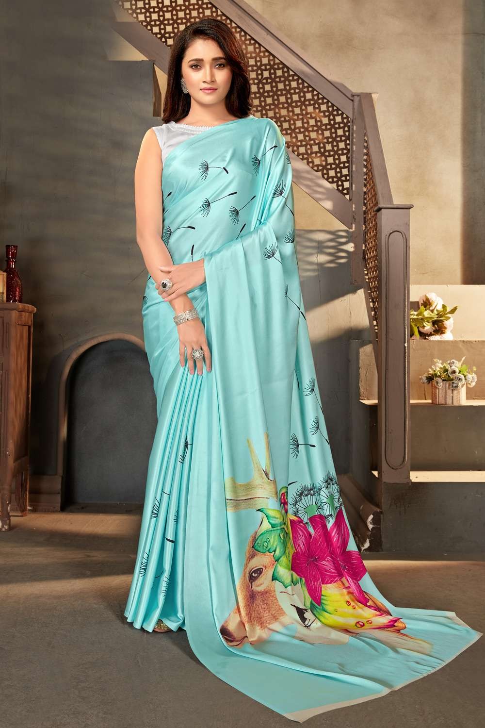 Organza Thread,embroidered Sky blue Saree with Blouse - SR23210