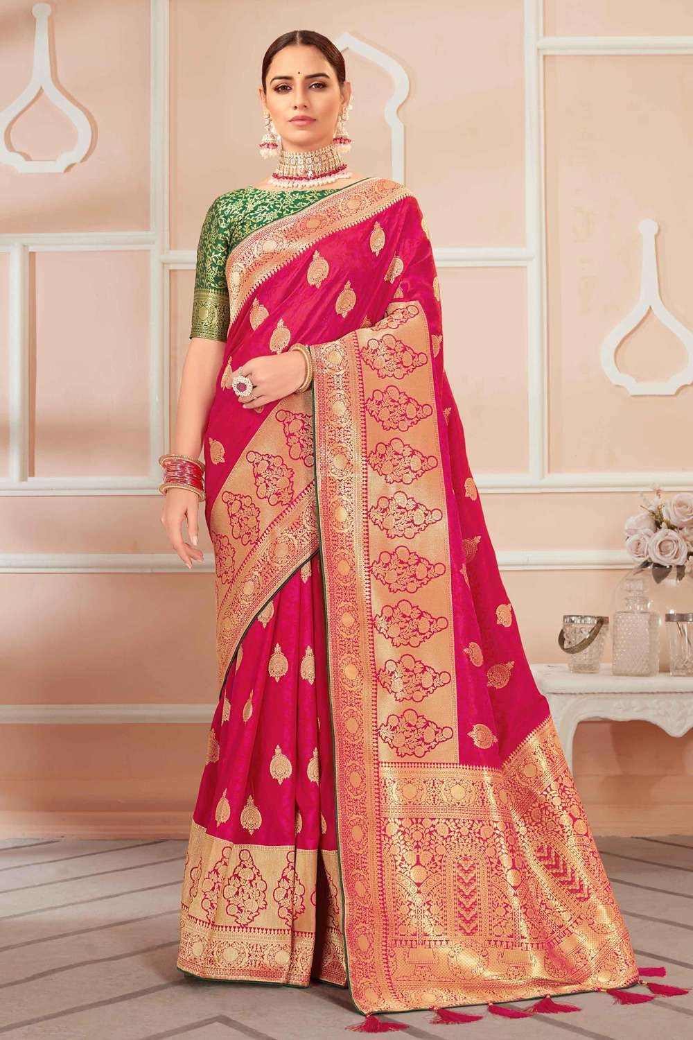 Rouge Pink Banarasi Woven Soft Silk Saree – Zari Banaras