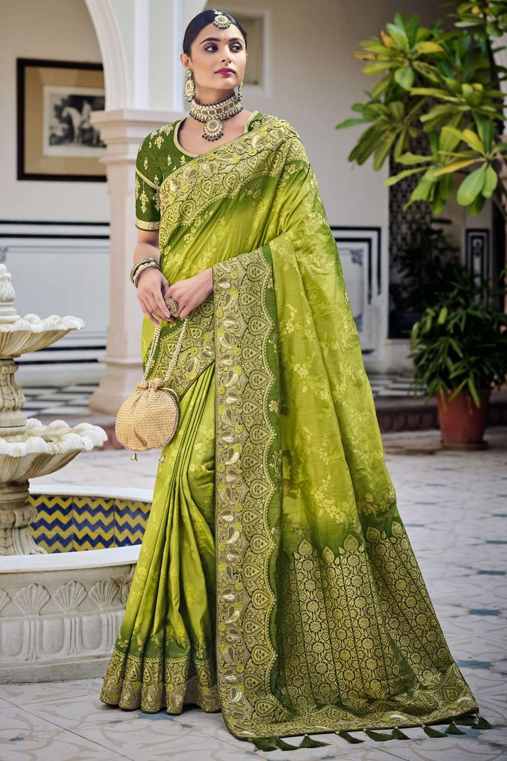 Off White and Lime Green Patola Silk Saree