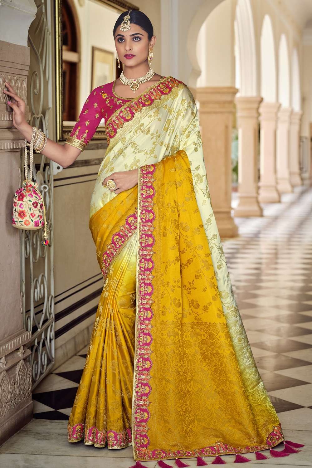 Yellow banarasi silk saree with blouse 5605