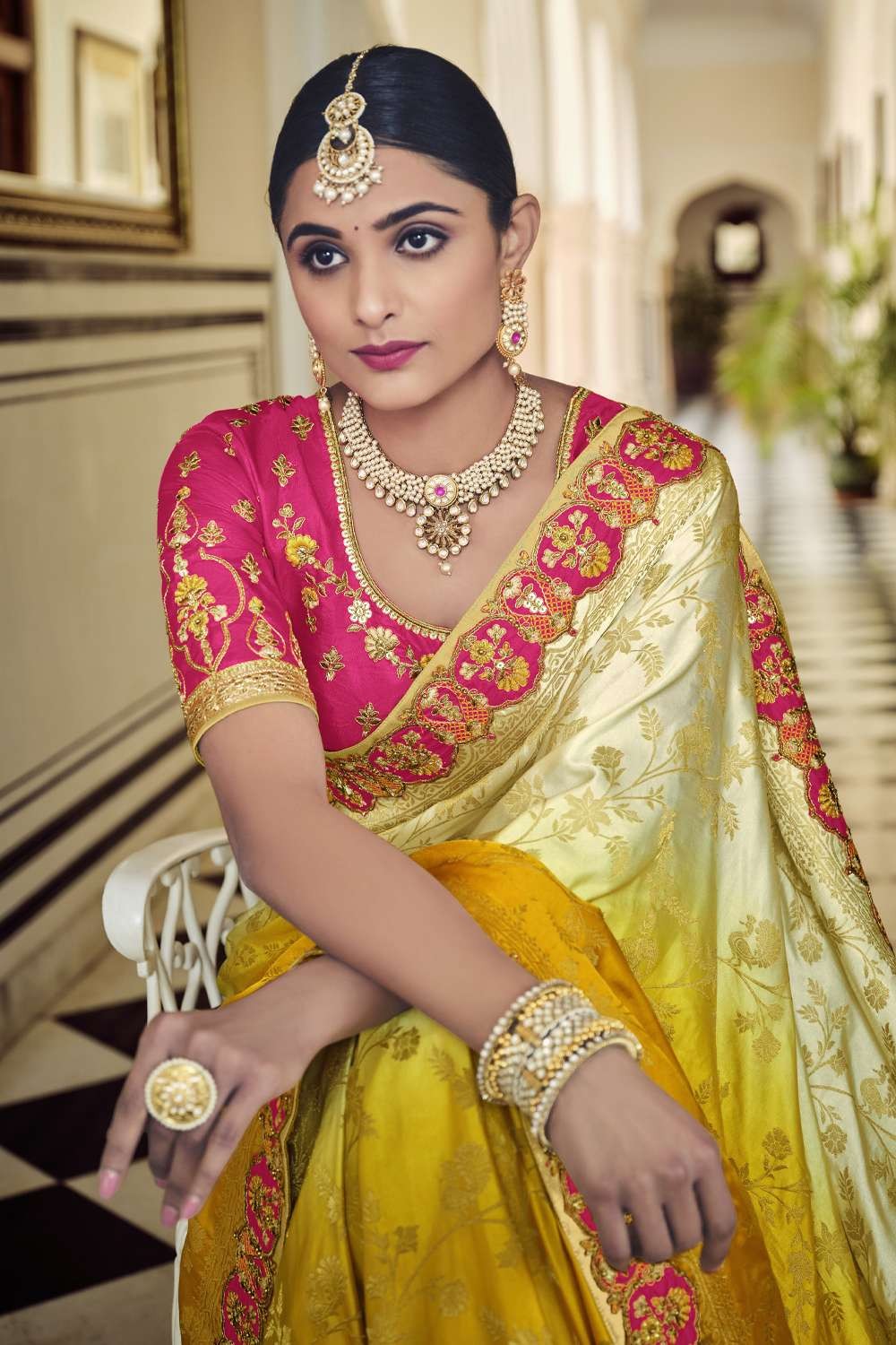 Maharani's Pure Banarasi Silk Saree - Bridal Yellow (with stitched Pet –  Maharani Collections