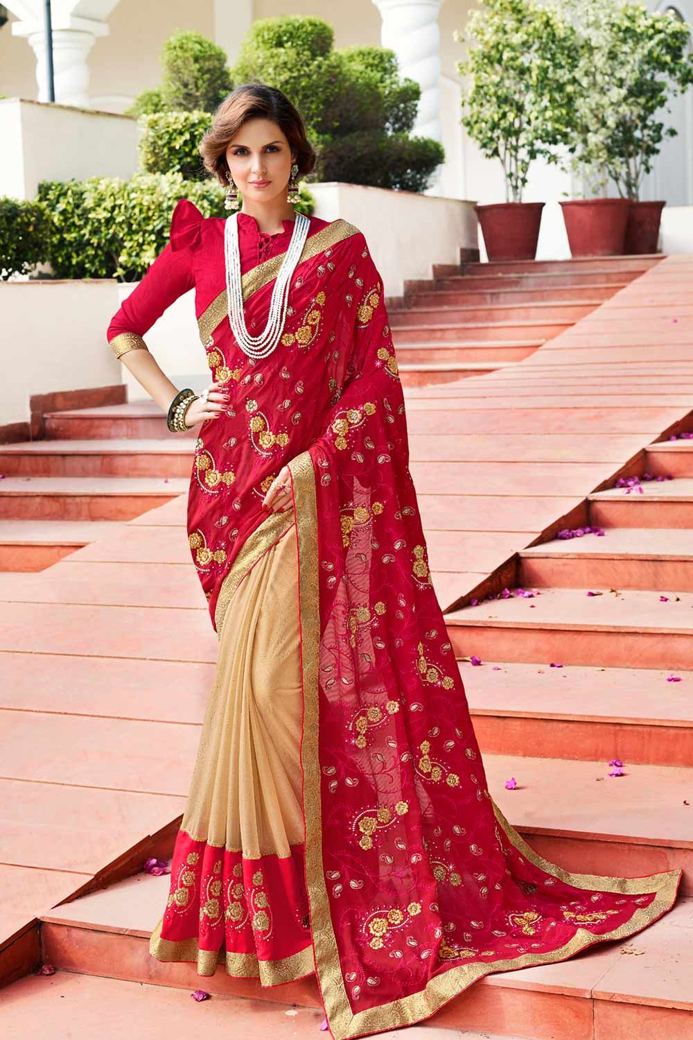 Buy Cream Hand Embroidered Organza Saree Online in USA with Red Blouse –  Pure Elegance