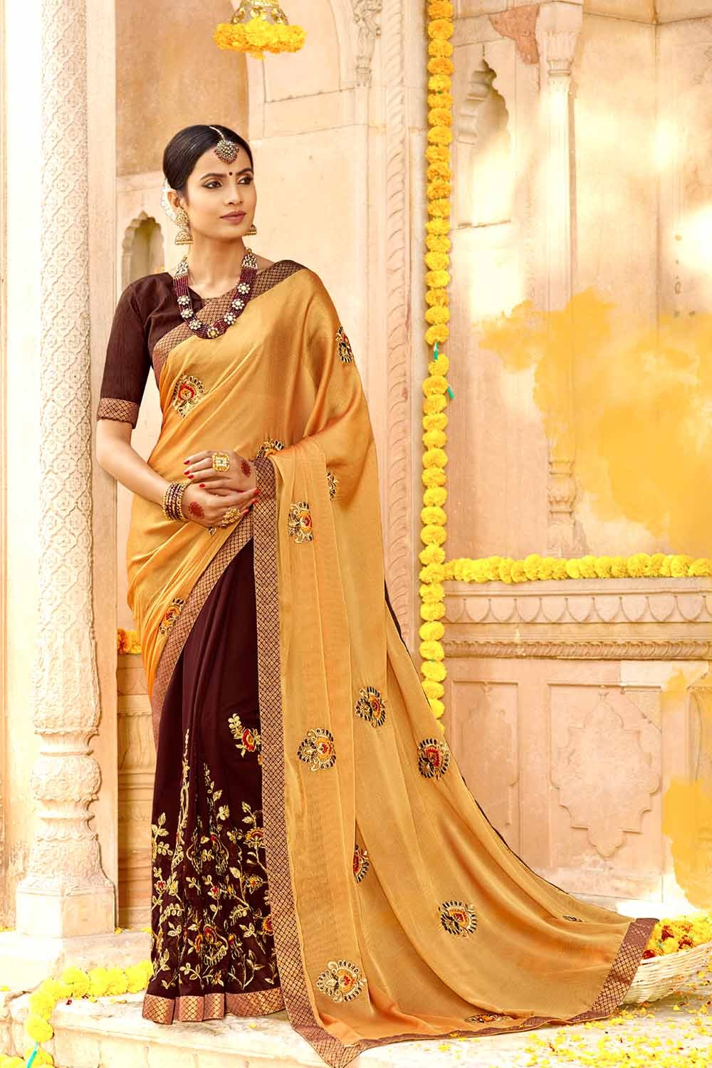 Coffee Maheshwari Silk Zari Woven Saree with Blouse (ALKA)