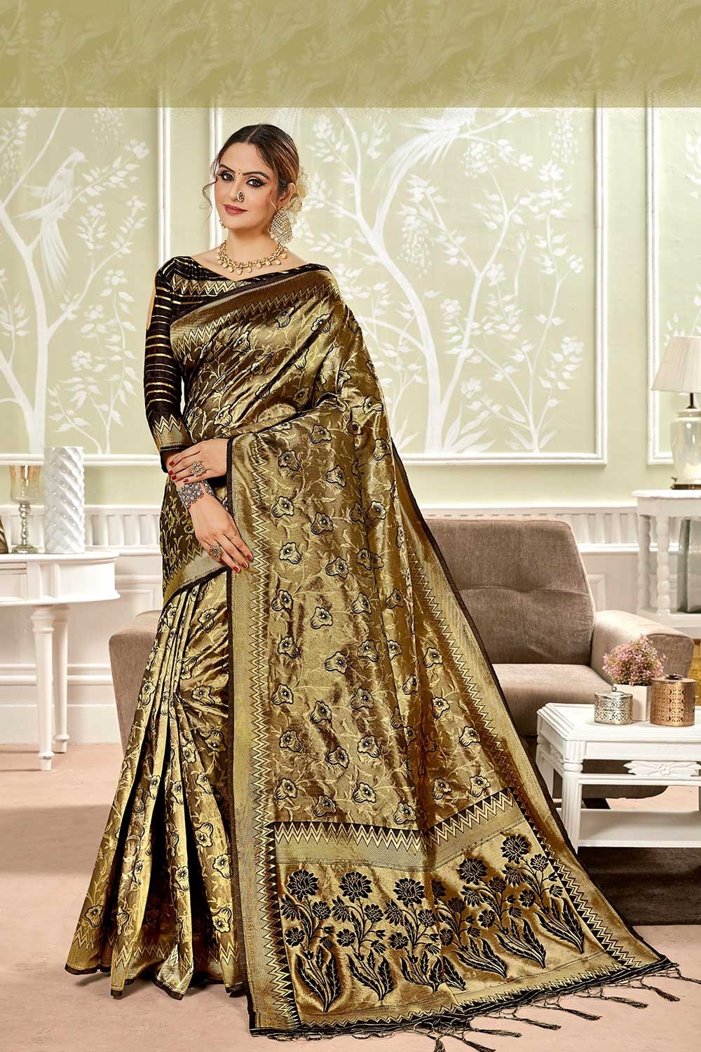 Lovely Black Soft Banarasi Silk Saree With Elaborate Blouse