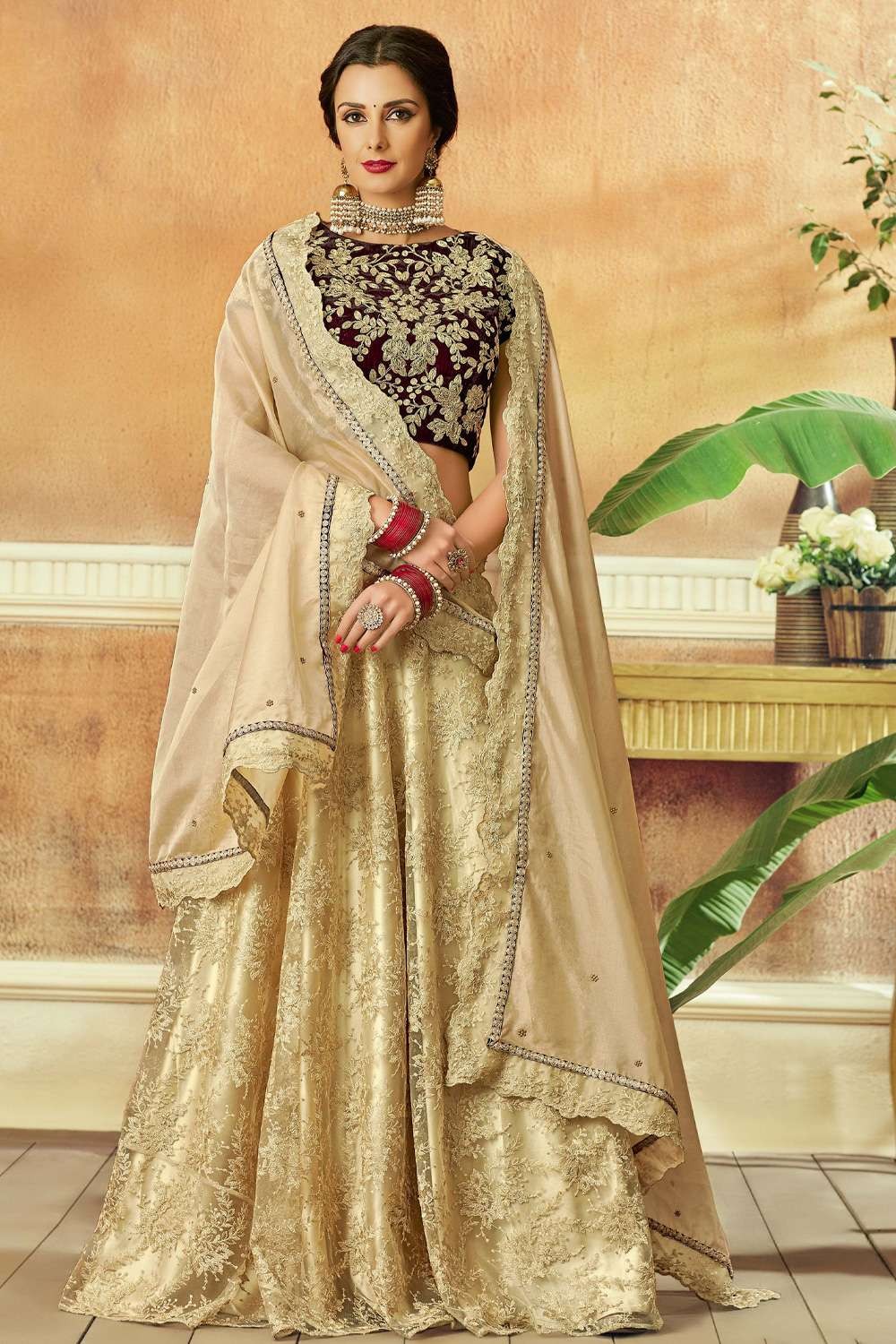 Gold beige Embroidered Karva Chauth Lehenga Choli in Jacquard silk - LC5884