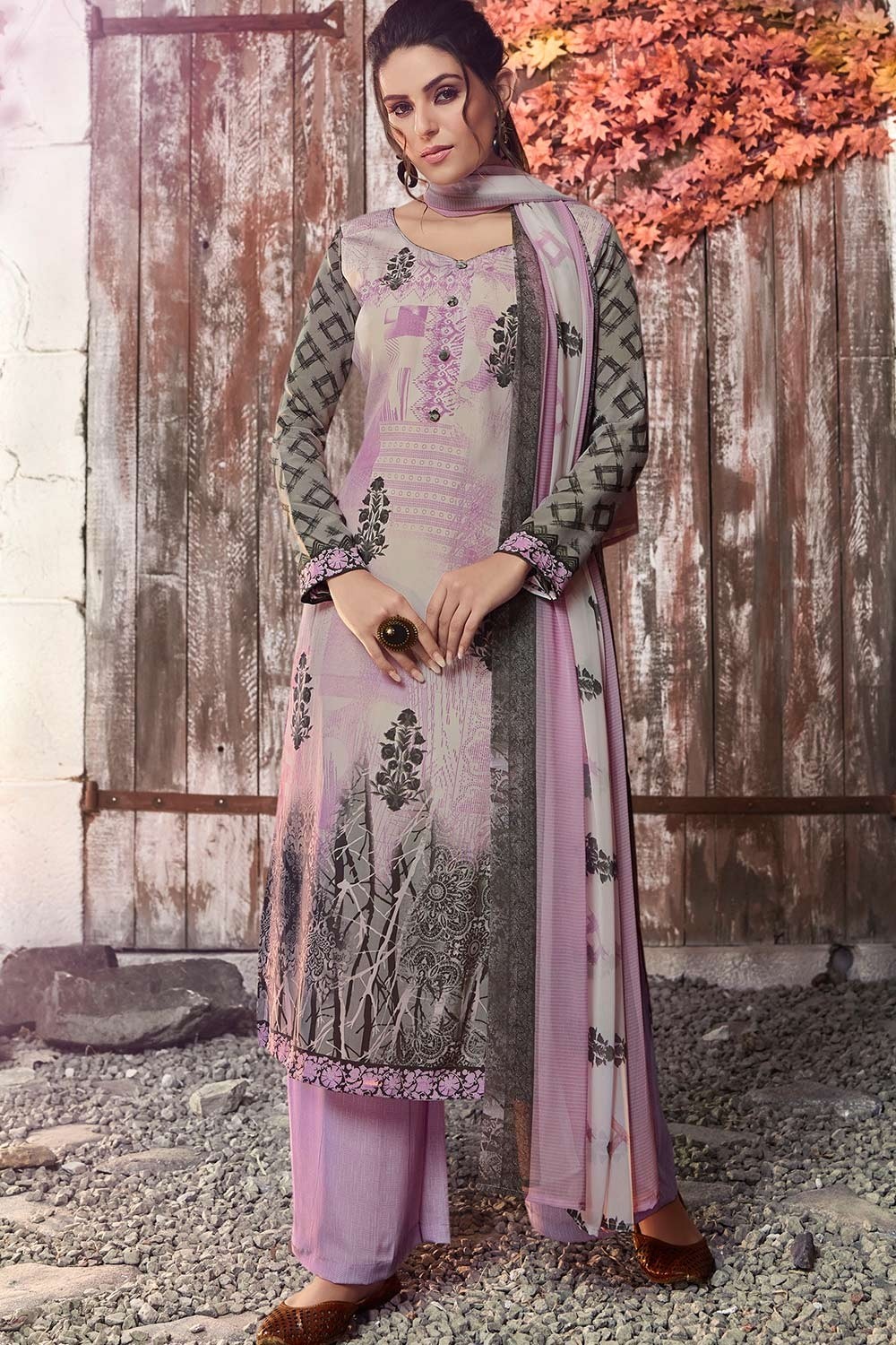 Buy Graceful Beige Satin and Georgette Embroidered Designer Salwar Suit  With Banarasi Silk Dupatta at best price - Gitanjali Fashions