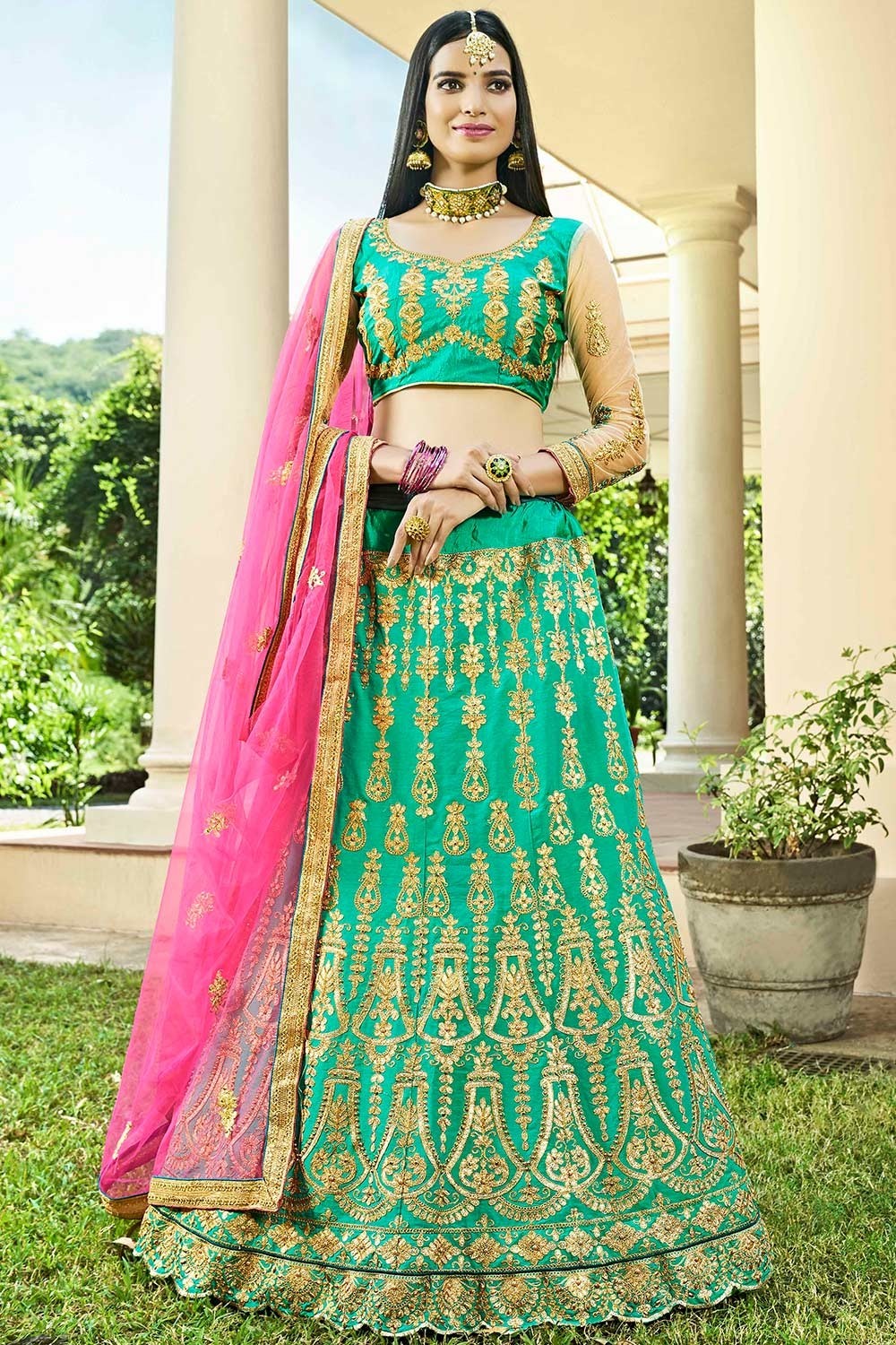 Light Green Satin Silk A Line Lehenga Choli 149471 | Indian bridal dress,  Designer lehenga choli, Party wear lehenga