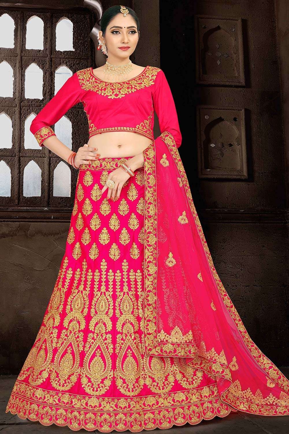 Party Wear Lehenga For Wedding Gajari Colour Silk Lehenga