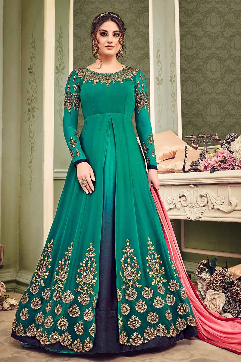 Chiffon dress by ayra from the house of Maria B in aqua green and pink –  Nameera by Farooq