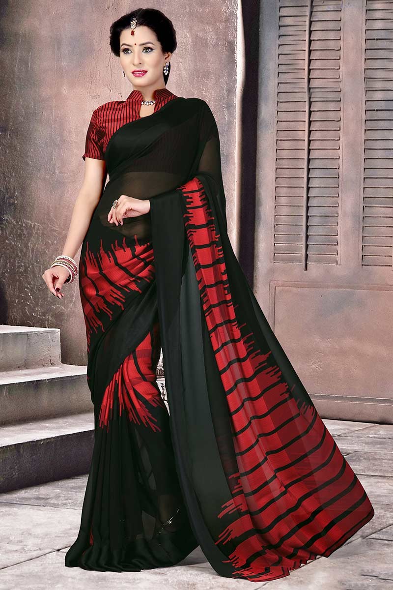 Buy Black Digital Printed Work Japan Satin Saree Online