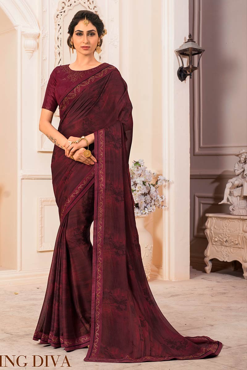 Buy Dark Maroon Satin Saree online-Karagiri