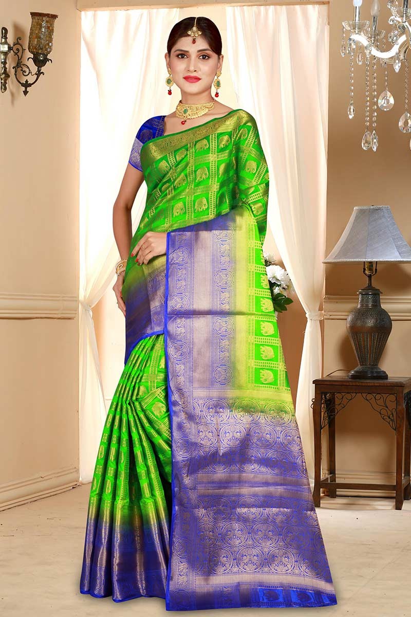 For Women's Pure Cotton Slub Parrot Green Saree With Plain Zari Border And  Pink Contrast Blouse Piece Latest Design