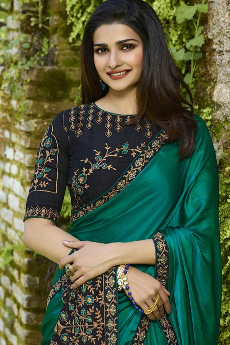 The Perfect Occasion Look - Peacock Green Silk Saree and Contrast Blouse