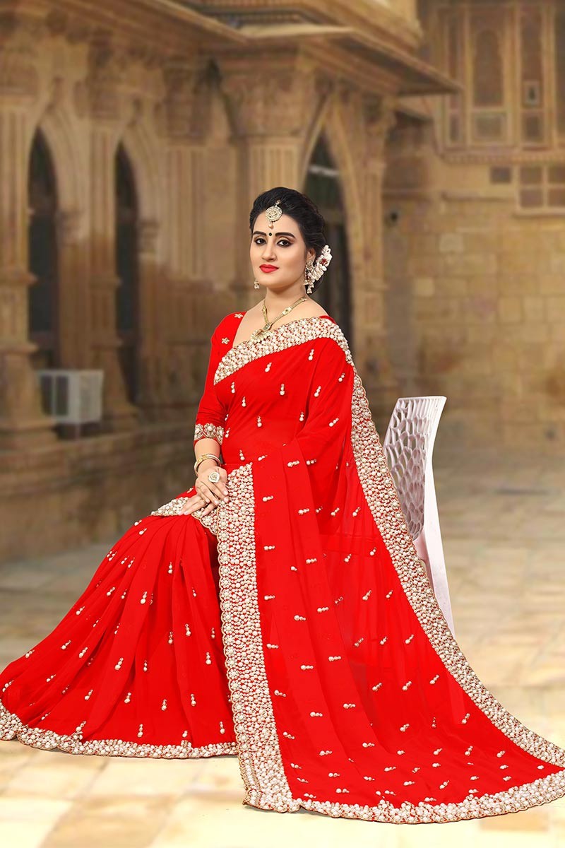 Shop Resham Embroidery Work Red Color Georgette Saree Party Wear Online at  Best Price | Cbazaar