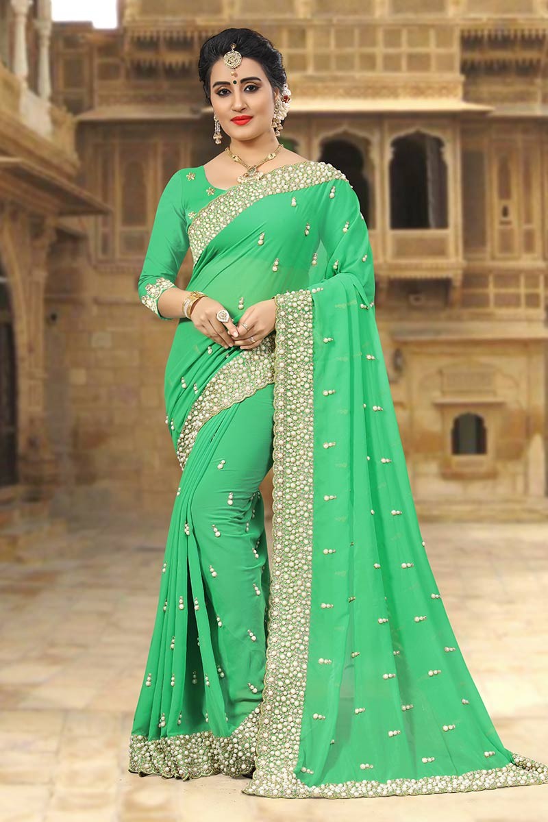 Designer Indian Traditional Green Saree for Women, Ethnic Sarees, Georgette  Saree, Embroidered Saree, Bollywood Georgette Saree - Etsy