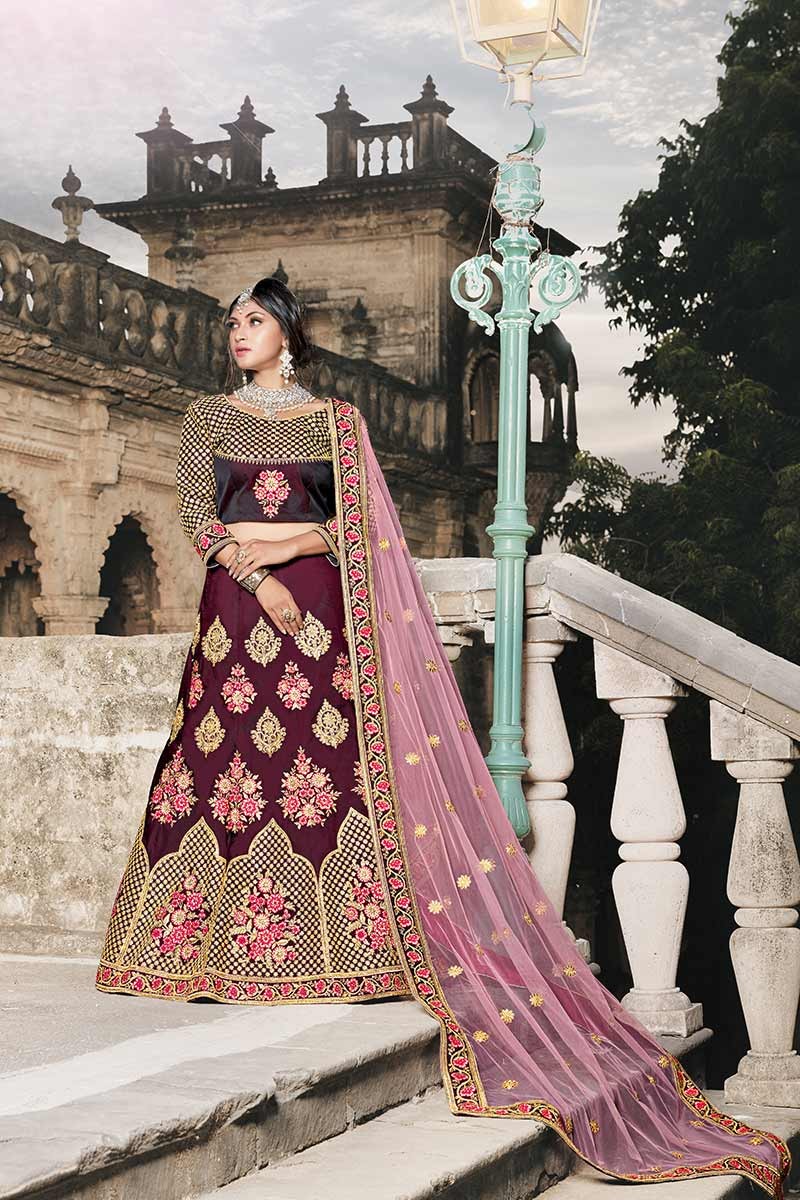DELIVERY IN 25 DAYS ) WINE COLOUR BANARASI PURE SILK LEHENGA WITH UN –  Kothari Sons