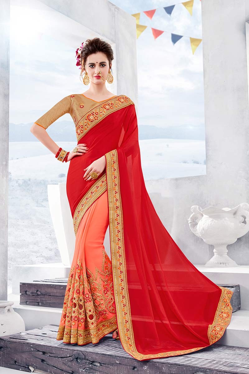 Embroidered Net Red Wedding Saree with Blouse