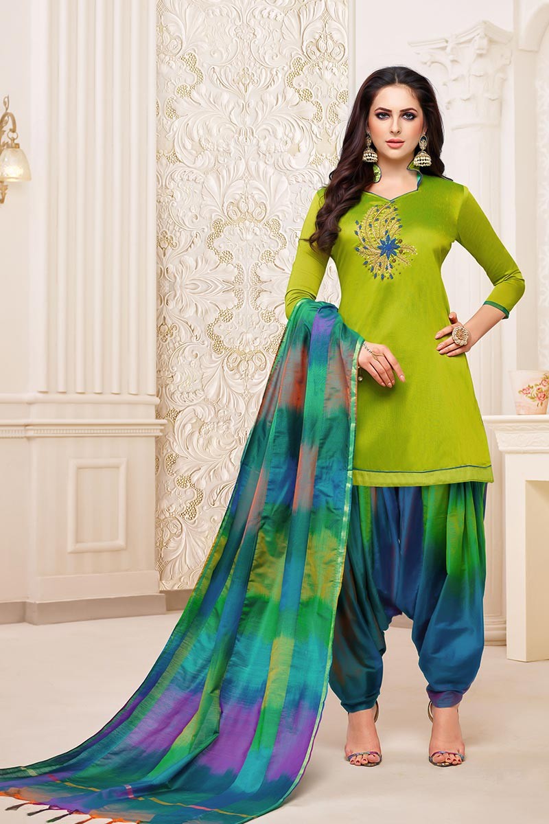 Parrot Green Pure Georgette Embroidery Work Sharara Suit