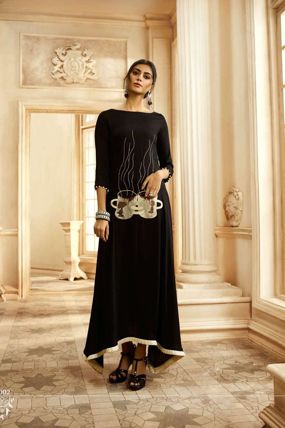 Black Embroidered Muslin Flared Maxi Dress With Belt-102183
