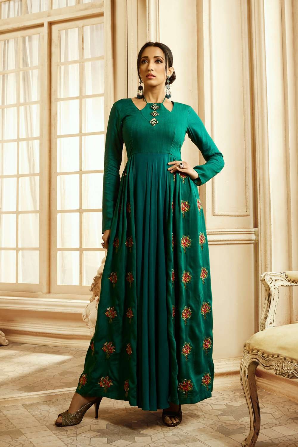 Fully gathered multi colour layer gown/dress in green palette MBS-288 –  MyBudgetStore.in