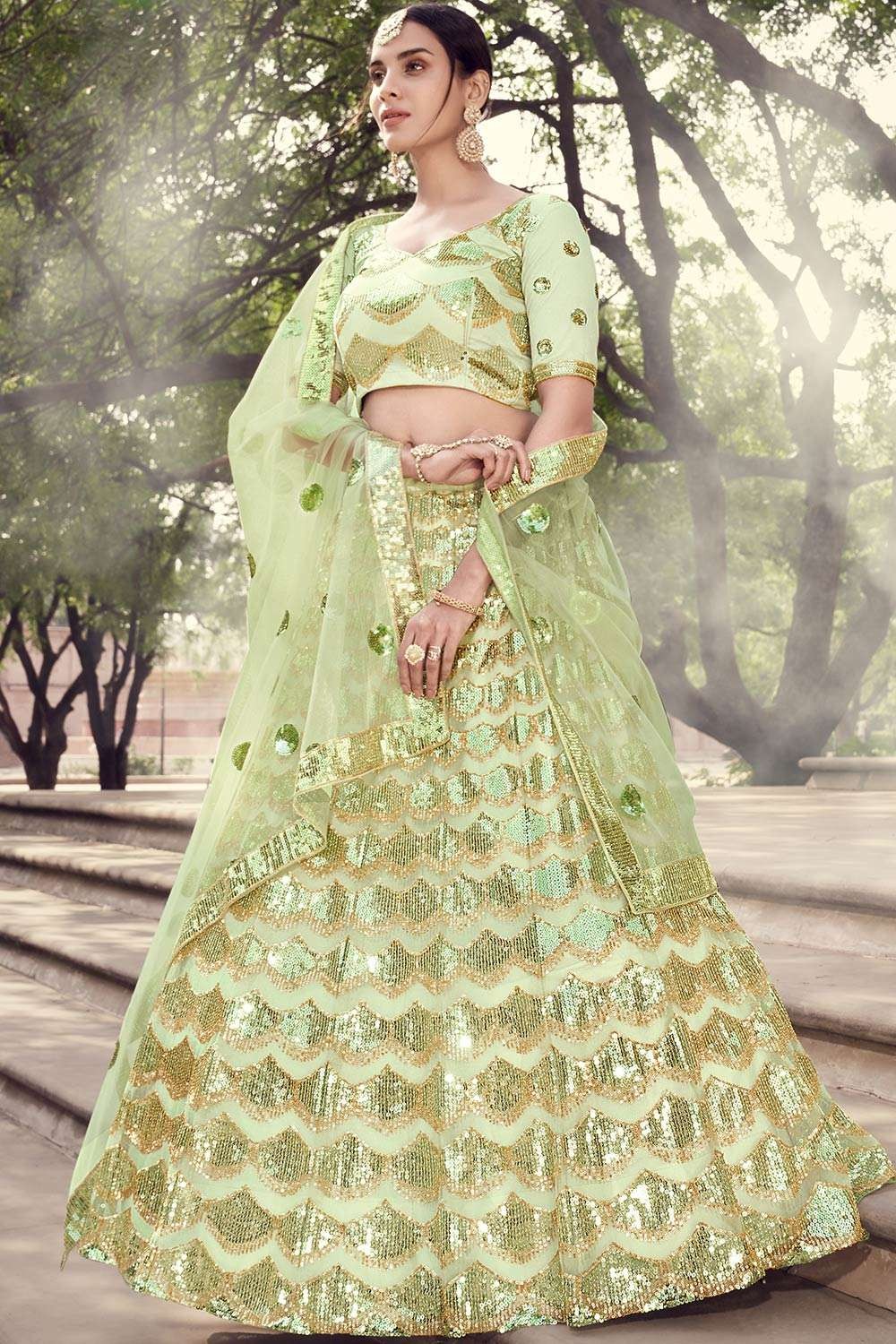 Pista Green & Pink Designer Soft Net Lehenga Choli with Sequins, Threa –  Ethnos