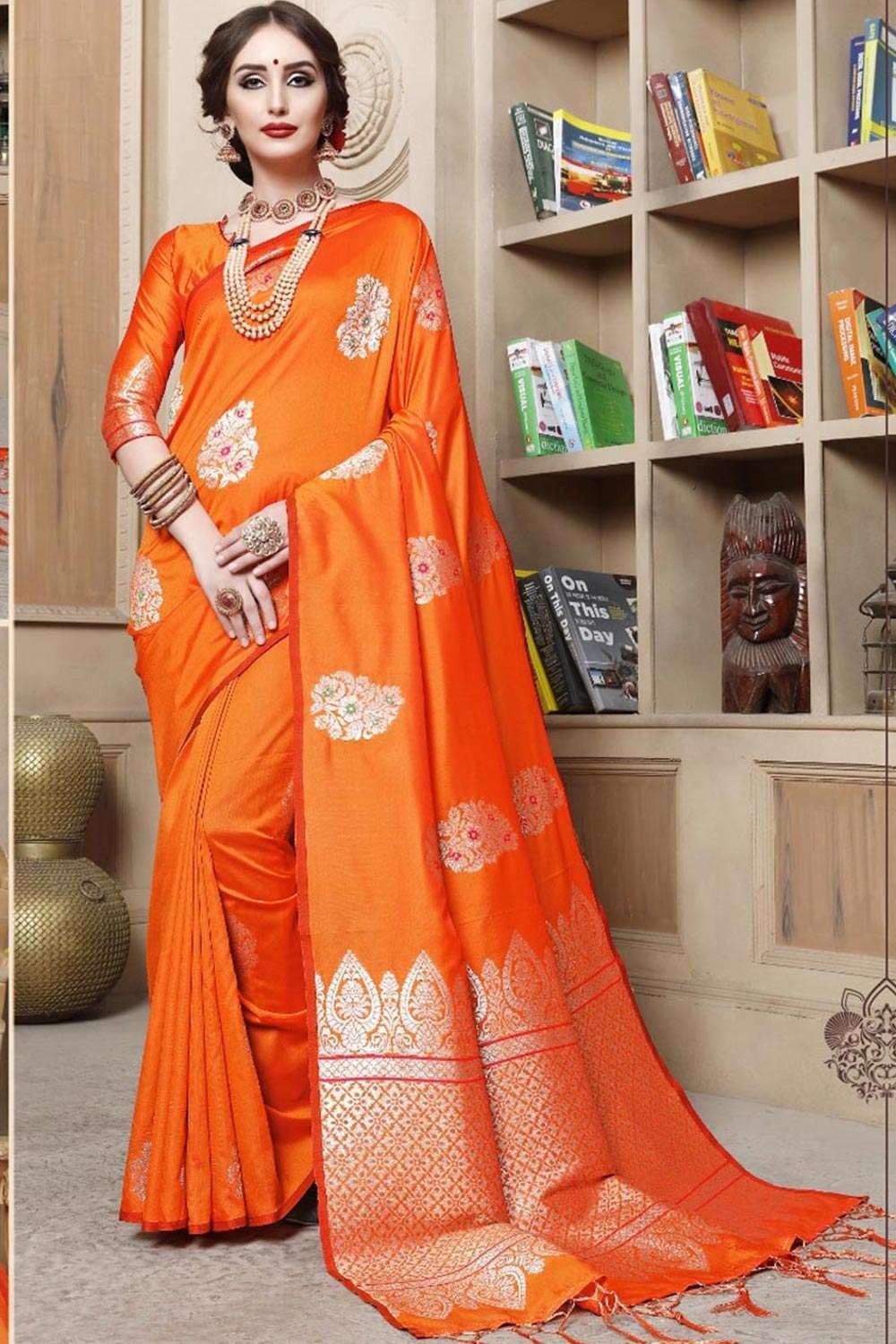 Buy Orange Color Pure Kanchi Pattu Soft Silk Saree With Stitched Blouse  Online Near Me – VAVS WOMENS STOP