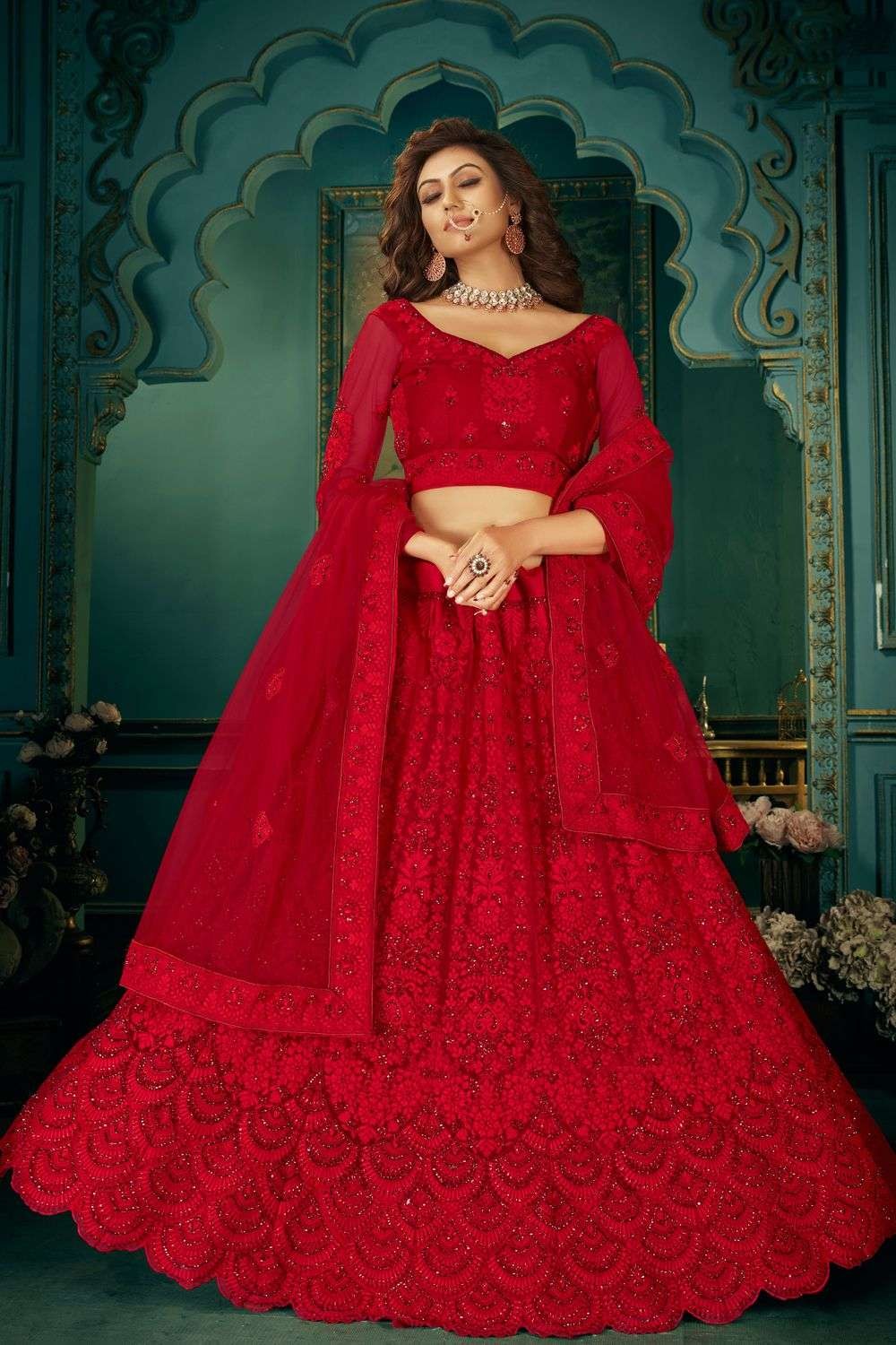 Red Color Sequins Embroidery Work Georgette Party Wear Lehen