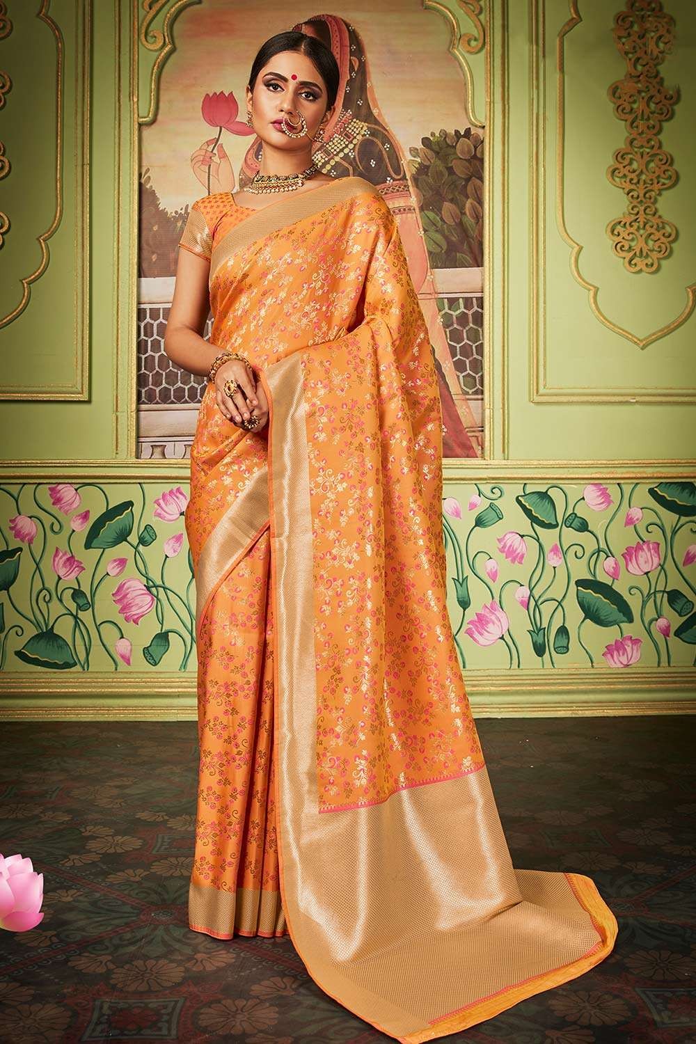 Apricot Orange Wedding Pure Banarasi Silk Patola Saree with Zari Work –  Apparel Designer