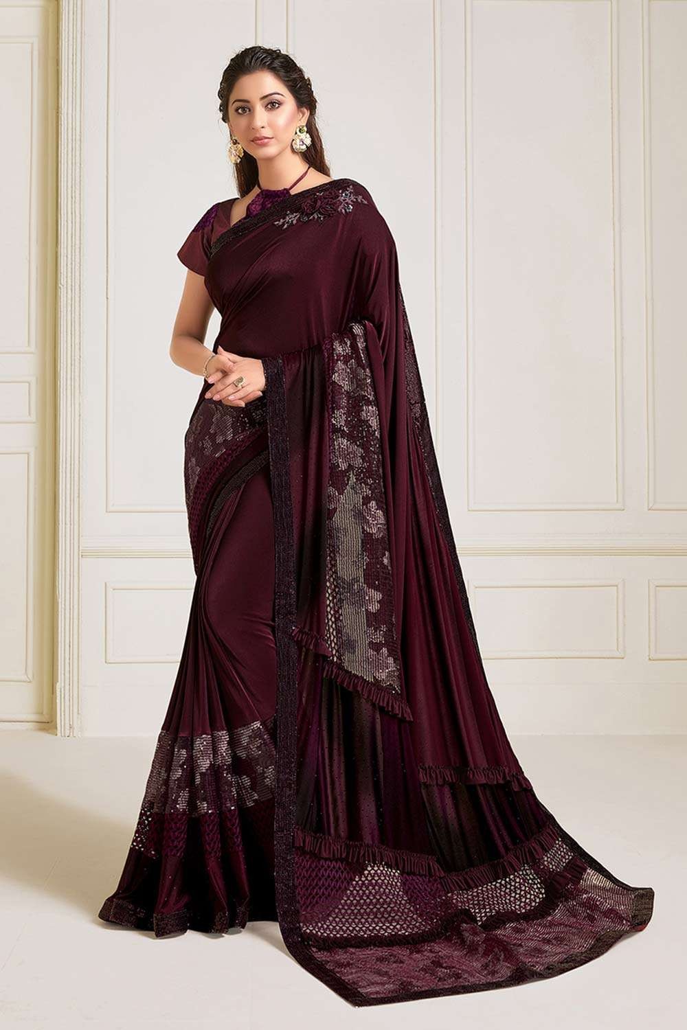 Red Wine Chiffon Saree Saree With Foil Print And Zari Border - Vishal  Prints - 3968381