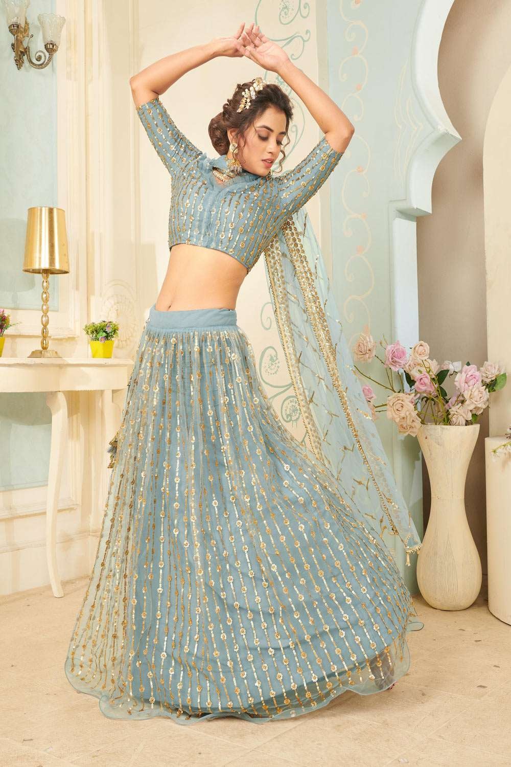 Net Sky blue Wedding Lehenga Choli in Embroidered - LC7242