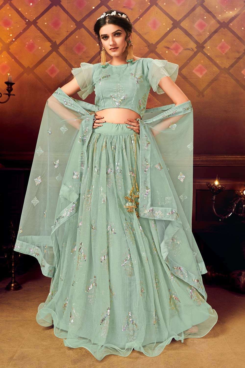 Buy Sea Blue And Light Green Silk Lehenga Set by Designer SHYAM NARAYAN  PRASAD Online at Ogaan.com