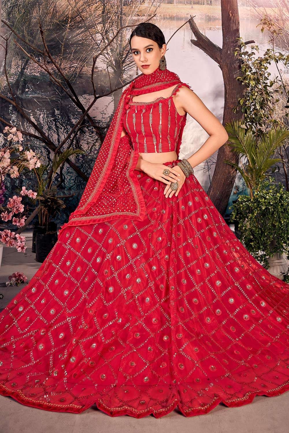 Buy Red Sequins Georgette Party Wear Lehenga Choli With Dupatta – Gunj  Fashion